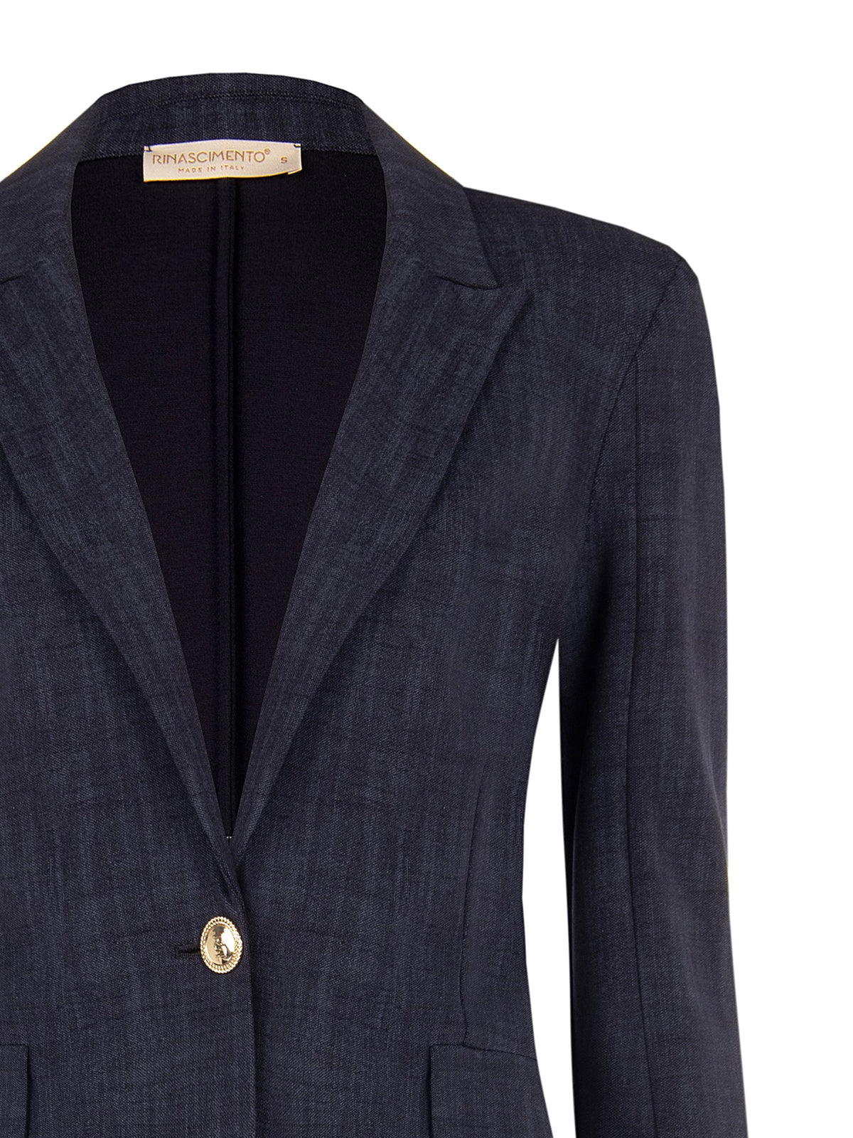 Eleganter Rinascimento Damenblazer aus superstretchigem Material mit taillierter Passform, klassischem Revers und goldfarbenen Knöpfen.
Rinascimento Damen Stretch-Blazer in Navy mit goldfarbenen Knöpfen
