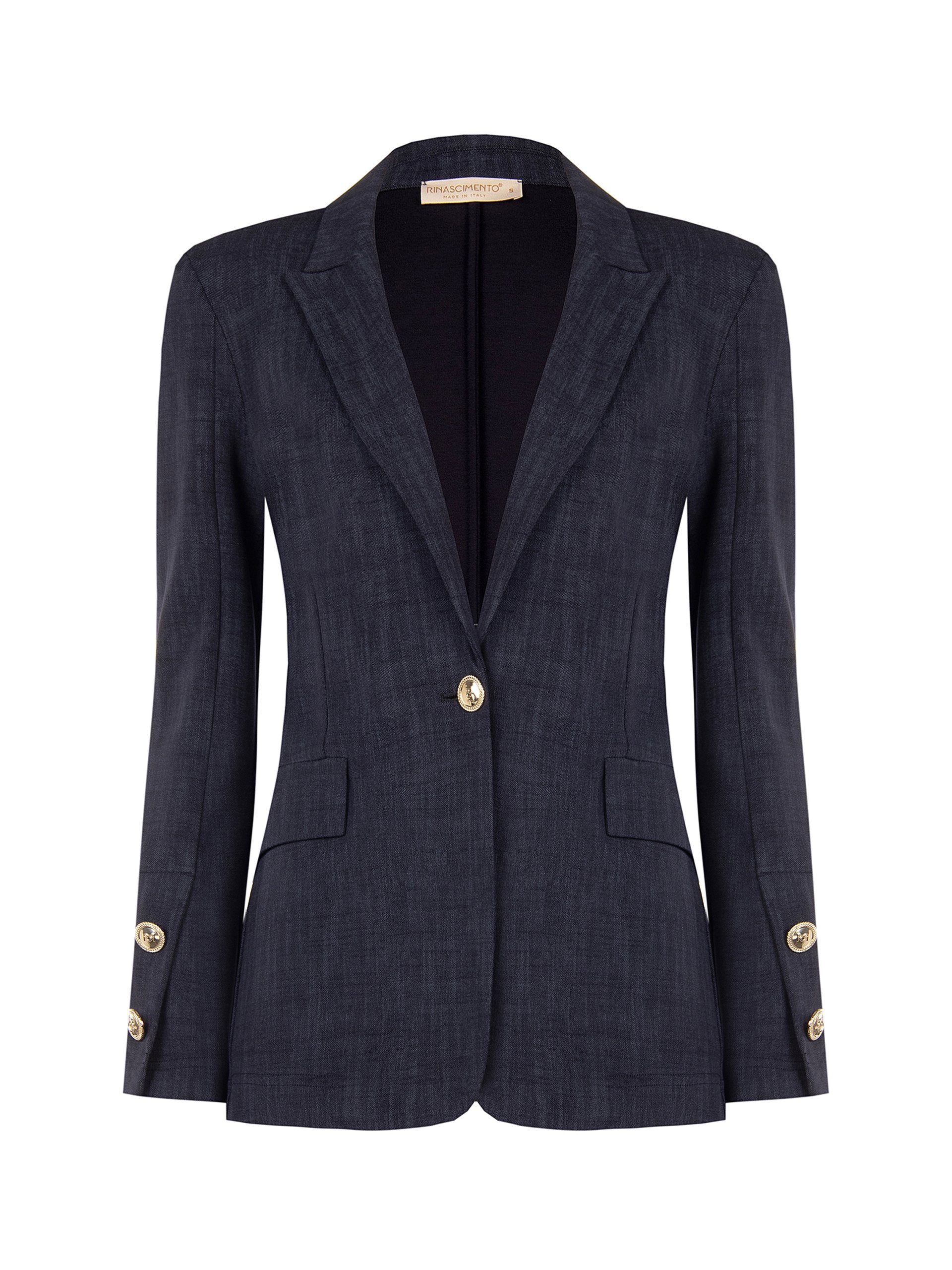 Eleganter Rinascimento Damenblazer aus superstretchigem Material mit taillierter Passform, klassischem Revers und goldfarbenen Knöpfen.
Rinascimento Damen Stretch-Blazer in Navy mit goldfarbenen Knöpfen