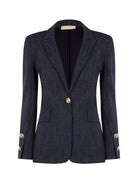 Eleganter Rinascimento Damenblazer aus superstretchigem Material mit taillierter Passform, klassischem Revers und goldfarbenen Knöpfen.
Rinascimento Damen Stretch-Blazer in Navy mit goldfarbenen Knöpfen