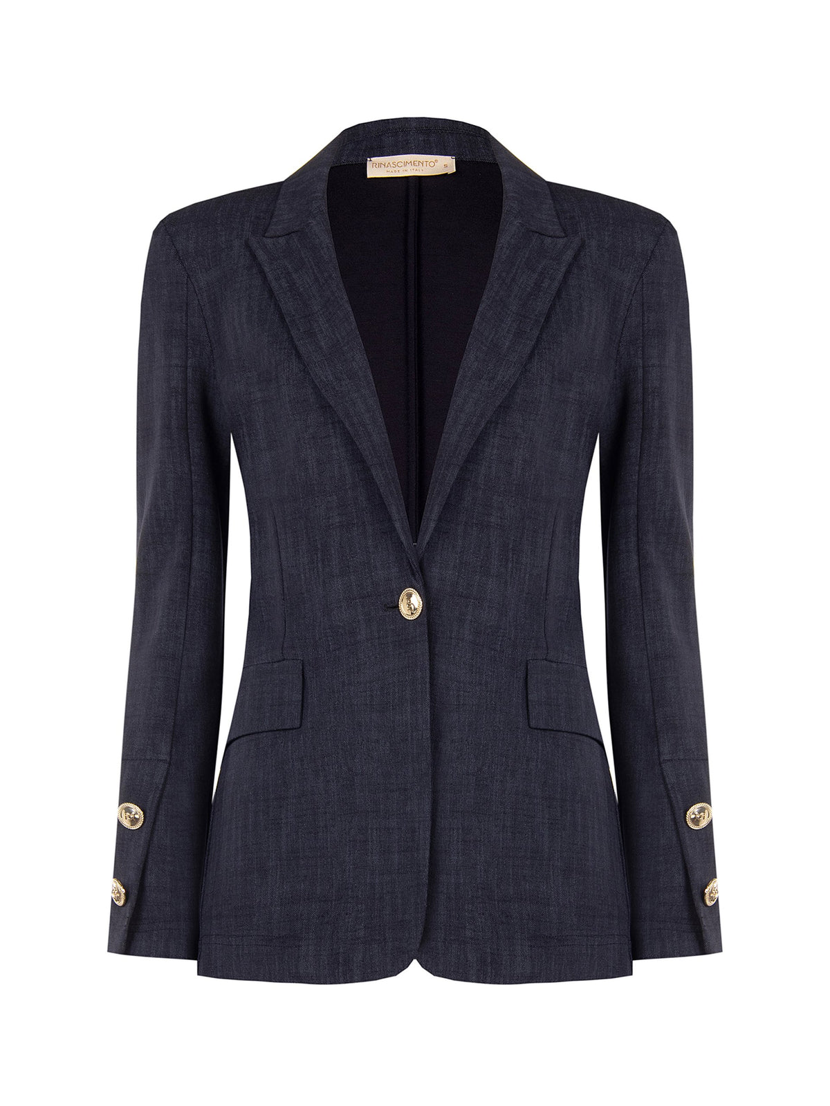 Eleganter Rinascimento Damenblazer aus superstretchigem Material mit taillierter Passform, klassischem Revers und goldfarbenen Knöpfen.
Rinascimento Damen Stretch-Blazer in Navy mit goldfarbenen Knöpfen