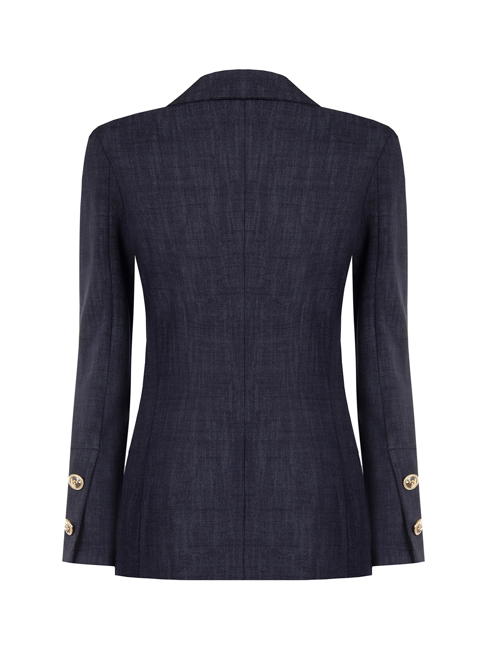 Eleganter Rinascimento Damenblazer aus superstretchigem Material mit taillierter Passform, klassischem Revers und goldfarbenen Knöpfen.
Rinascimento Damen Stretch-Blazer in Navy mit goldfarbenen Knöpfen