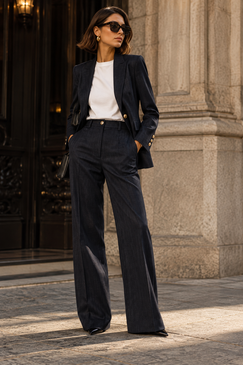 Eleganter Rinascimento Damenblazer aus superstretchigem Material mit taillierter Passform, klassischem Revers und goldfarbenen Knöpfen.
Rinascimento Damen Stretch-Blazer in Navy mit goldfarbenen Knöpfen
