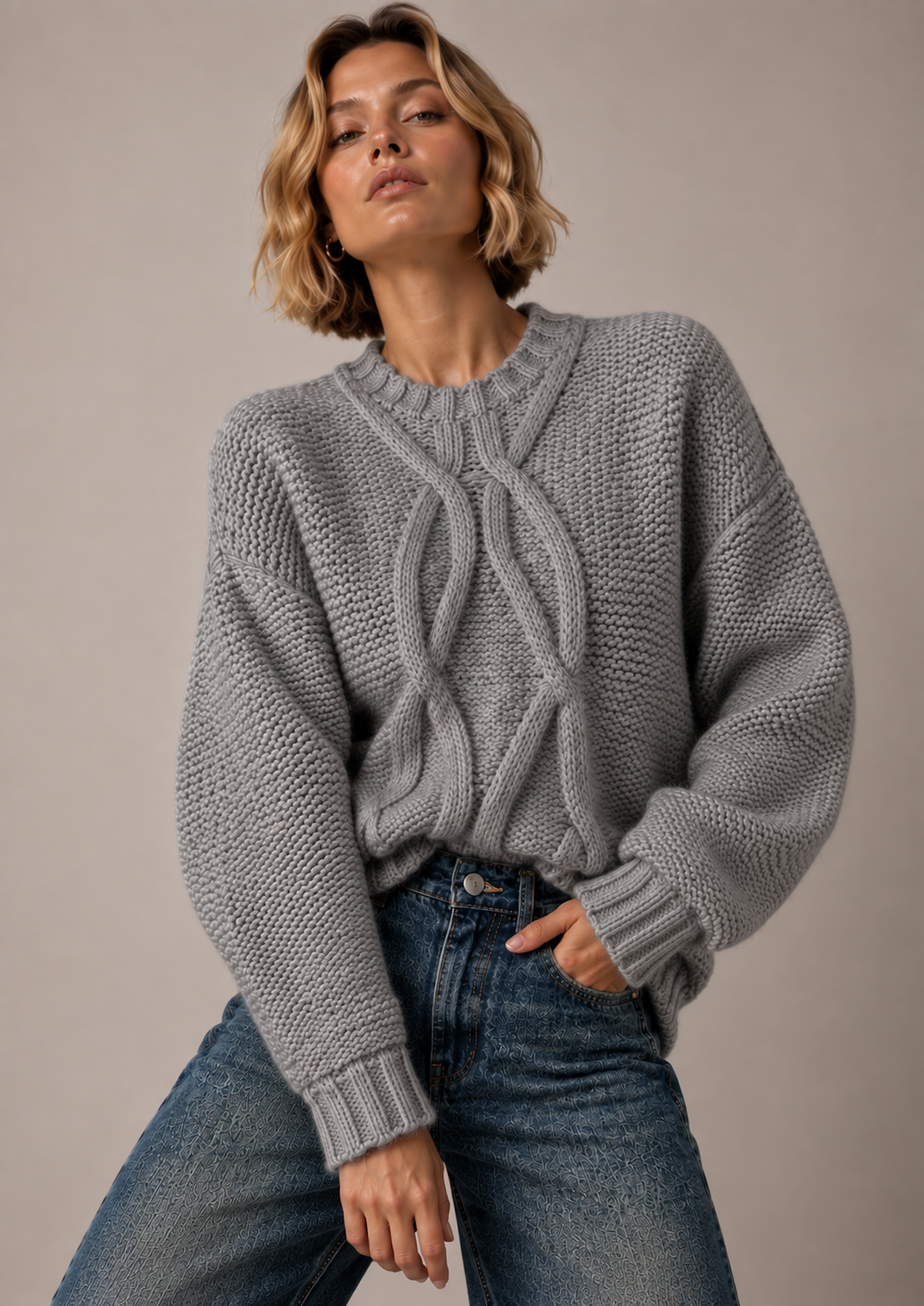 Strickpullover Panna mit Zopfmuster und voluminösen Ärmeln
