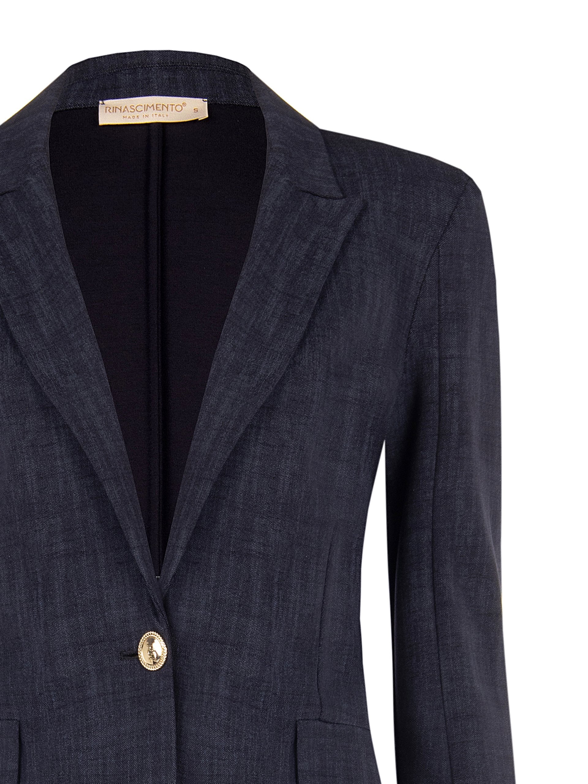 Eleganter Rinascimento Damenblazer aus superstretchigem Material mit taillierter Passform, klassischem Revers und goldfarbenen Knöpfen.
Rinascimento Damen Stretch-Blazer in Navy mit goldfarbenen Knöpfen