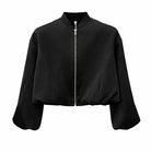 Schwarze Bomberjacke mit Reißverschluss, moderne kurze Jacke